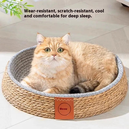 Rattan woven cat nest pet bed in natural material with breathable design for feline comfort