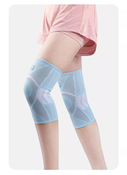 Non-slip knee compression sleeves in blue, pink, and black for pain relief and support