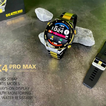 Gold smart sports watch with large screen, Bluetooth calling, heart rate monitoring and wireless charging