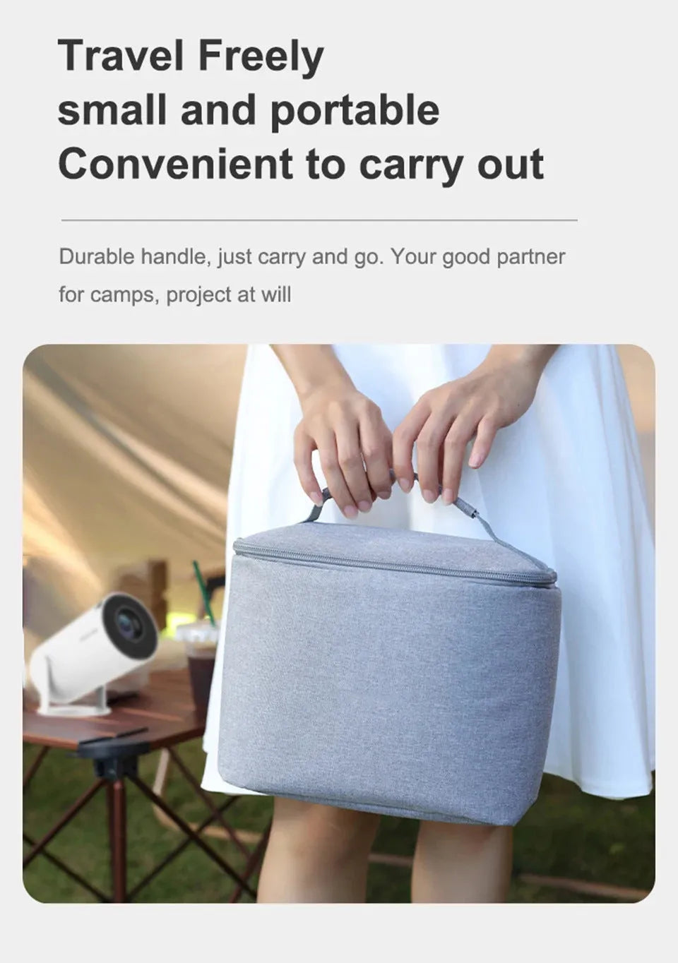 Grey Oxford cloth HY300 projector storage bag, 230x135x195mm, crossbody carry case with curved shoulder strap and lock