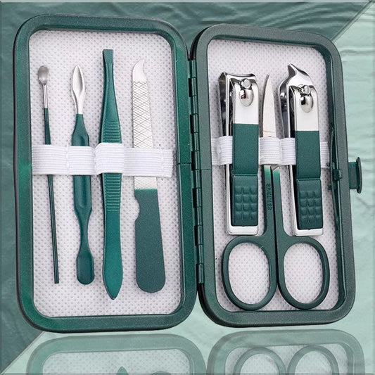 Professional stainless steel manicure set with emerald green case