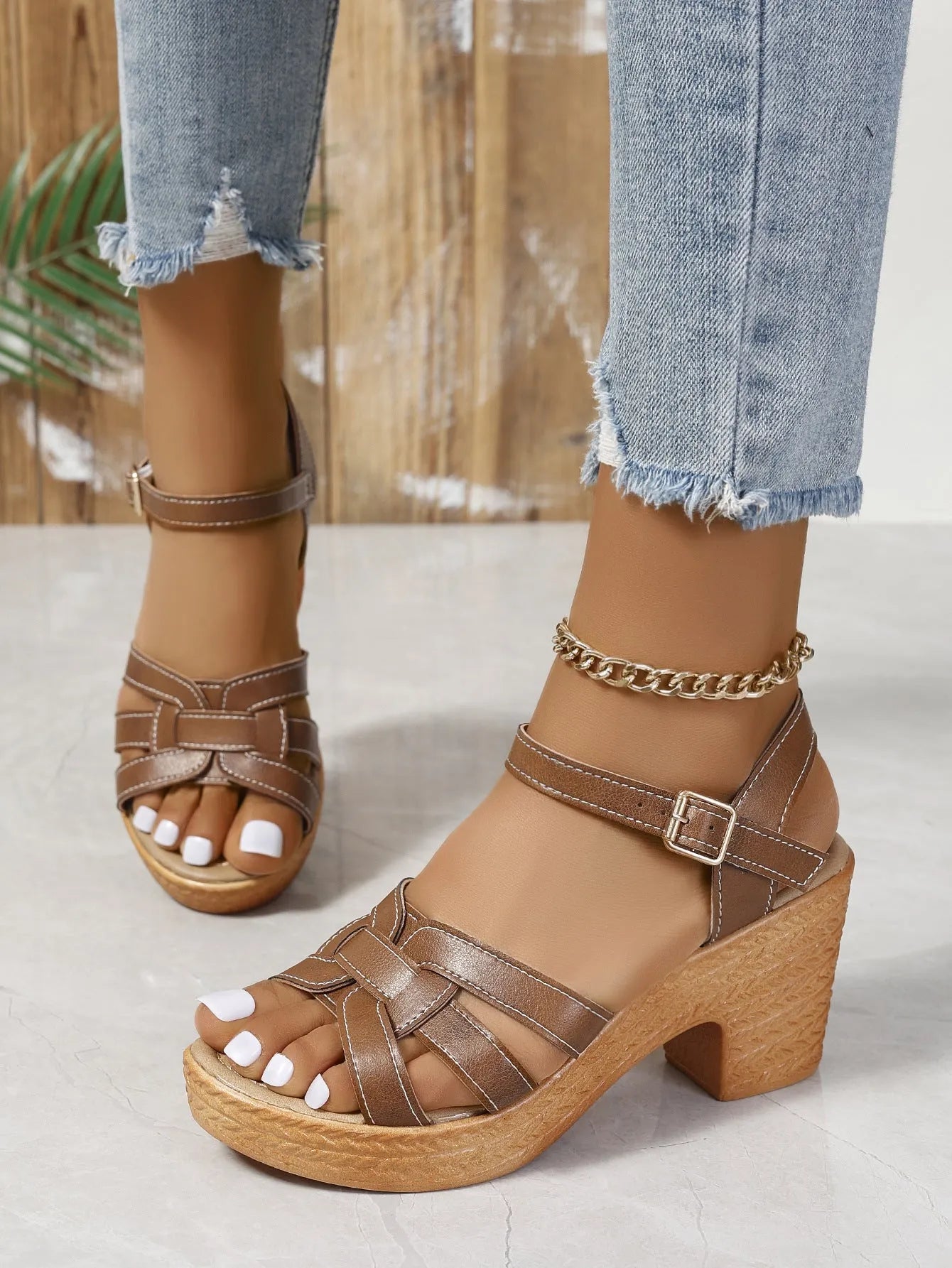 Plus size women's black peep toe sandals with chunky heel and buckle ankle strap