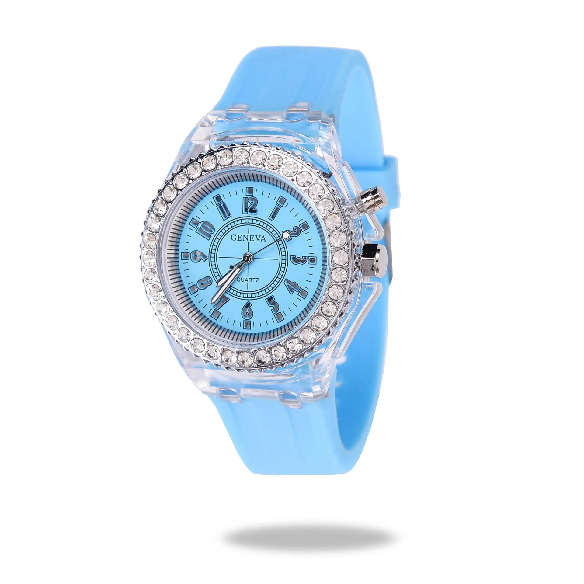 Women's LED luminous quartz watch with silicone strap and round alloy case on wrist