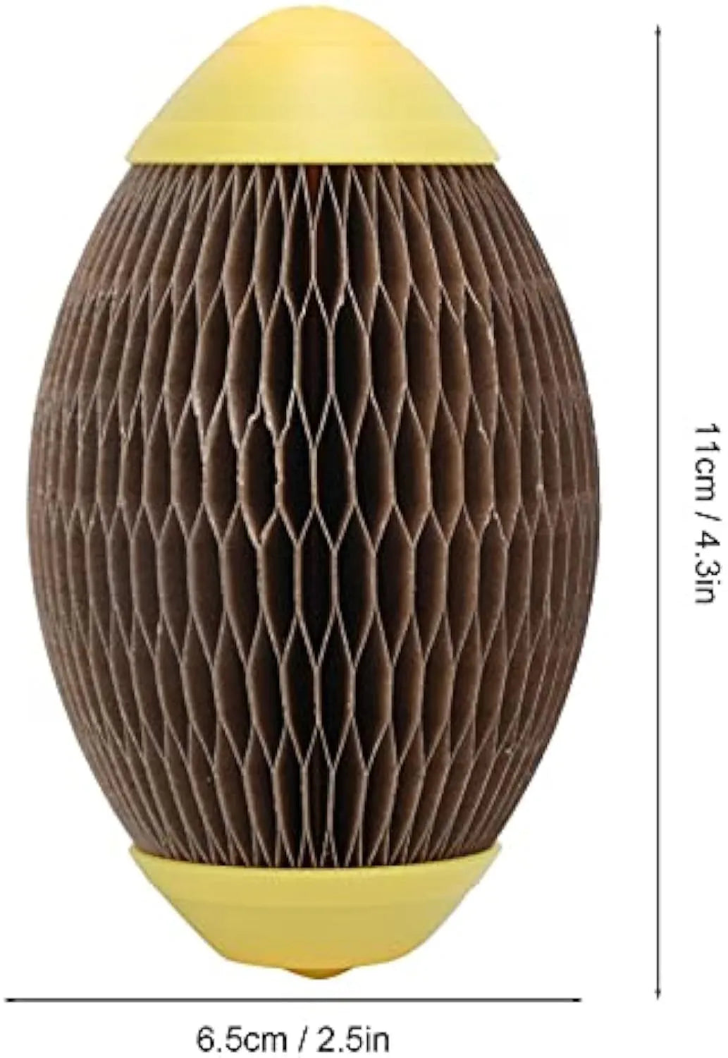 Elliptical corrugated paper cat toy with a scratchable surface and a slot for inserting catnip.