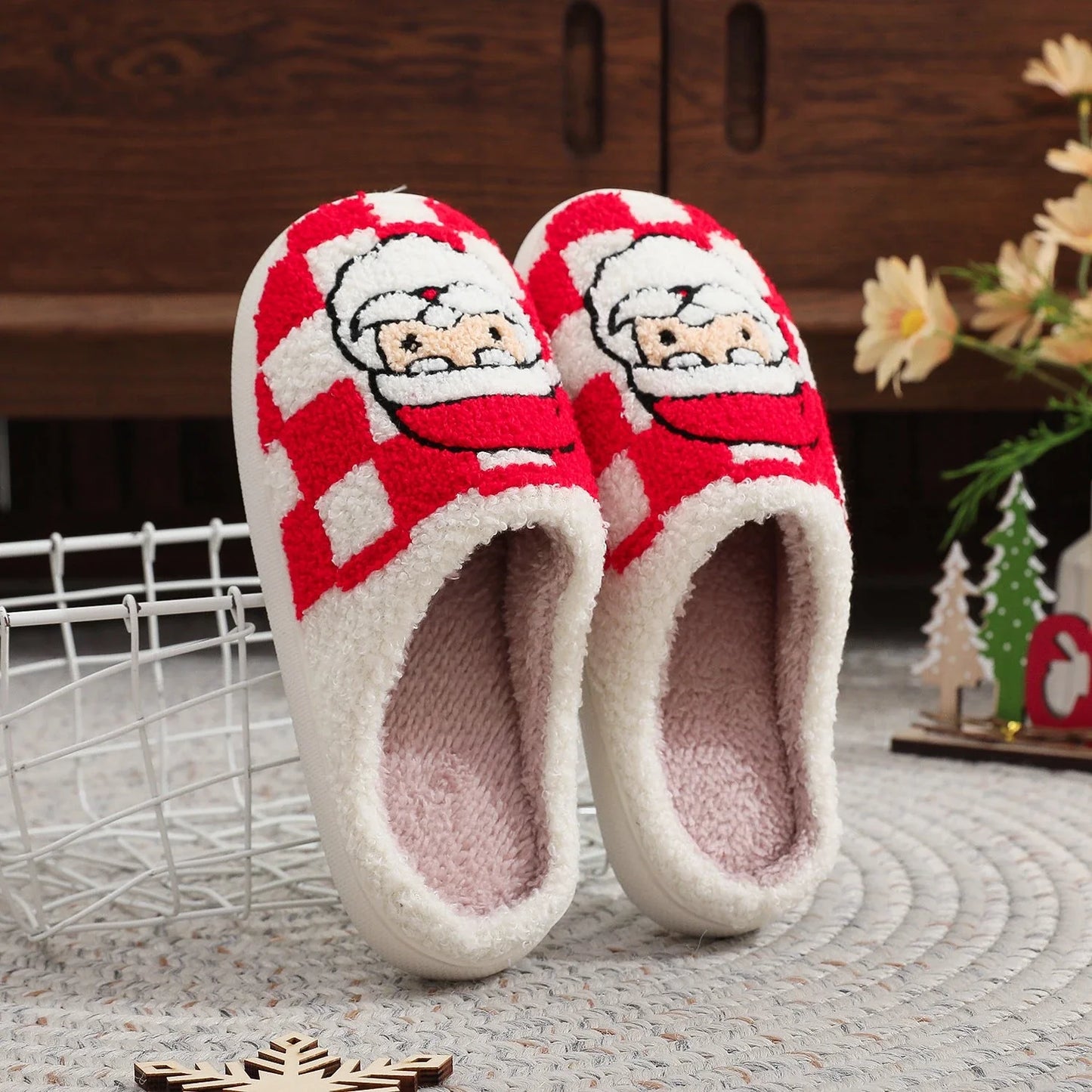Cozy plaid Christmas slippers with soft, plush fabric and non-slip sole for indoor wear