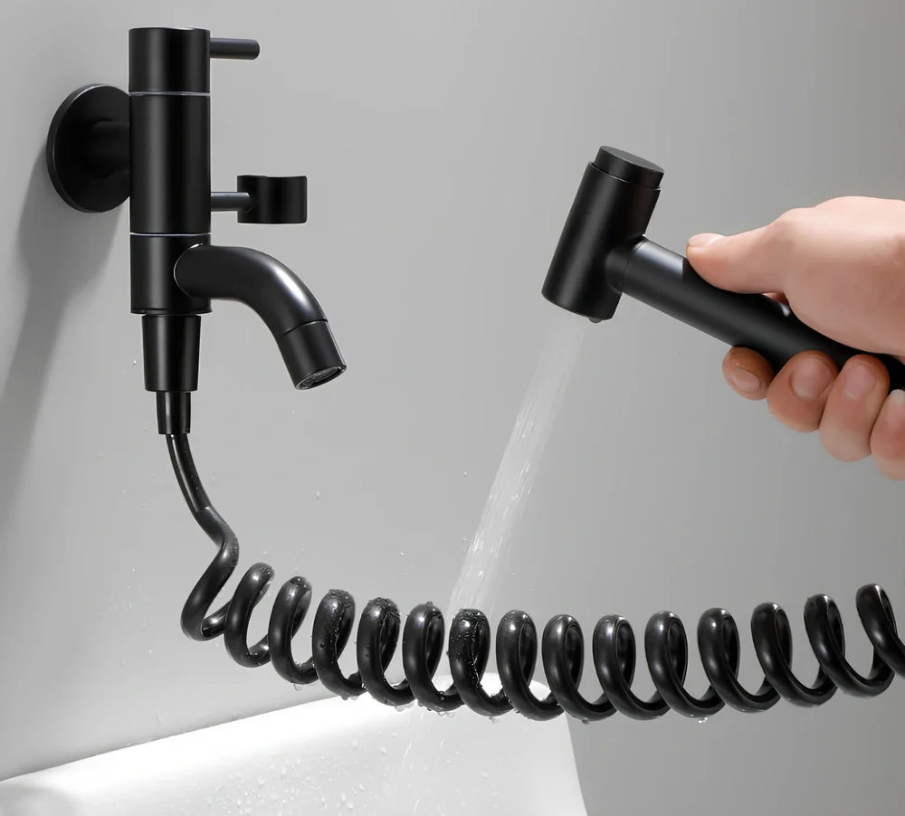 Single cold sink wall faucet with coiled telephone cord hose and push-type spray gun for mop pool installation