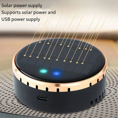 Black solar-powered car humidifier mounted on air conditioning vent with water mist visible