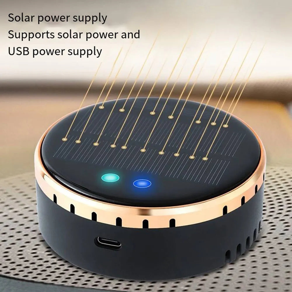 Solar-powered car-mounted air humidifier installed on a vehicle air vent in black colour