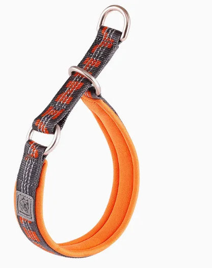Nylon and aluminium alloy dog walking collar shown in army green colour, with sizing chart for dogs 2-70kg.
