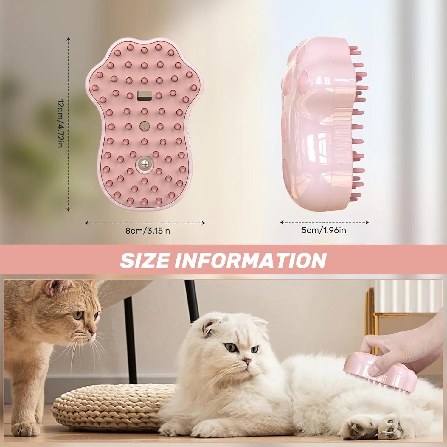 Self-cleaning cat steam brush with silicone bristles, blue light, and rechargeable spray for pet grooming