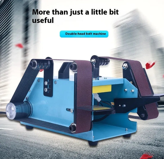 Blue desktop dual-axis belt sander with 750W motor and variable speed control from 1000 to 7000 rpm