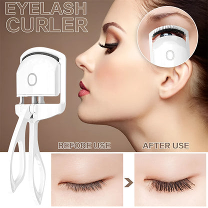 Pink heated electric eyelash curler with USB charging port and curved design with silicone pads