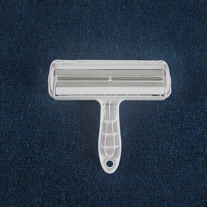 Blue pet hair removal comb with ABS plastic body and roller bristles for furniture cleaning