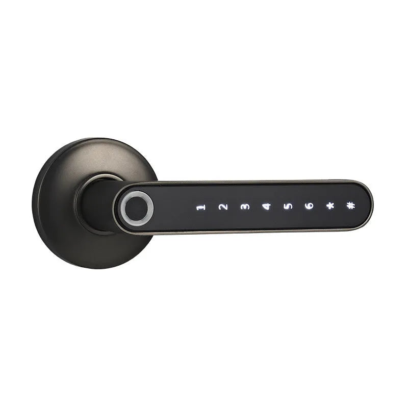 Smart lock fingerprint password electric digital lock with alloy construction, featuring semiconductor fingerprint recognition, Bluetooth app remote control, and keyless security door handle for home use in modern minimalist black design