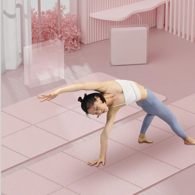 Purple TPE folding gymnastic mat showing six-fold design and non-slip texture