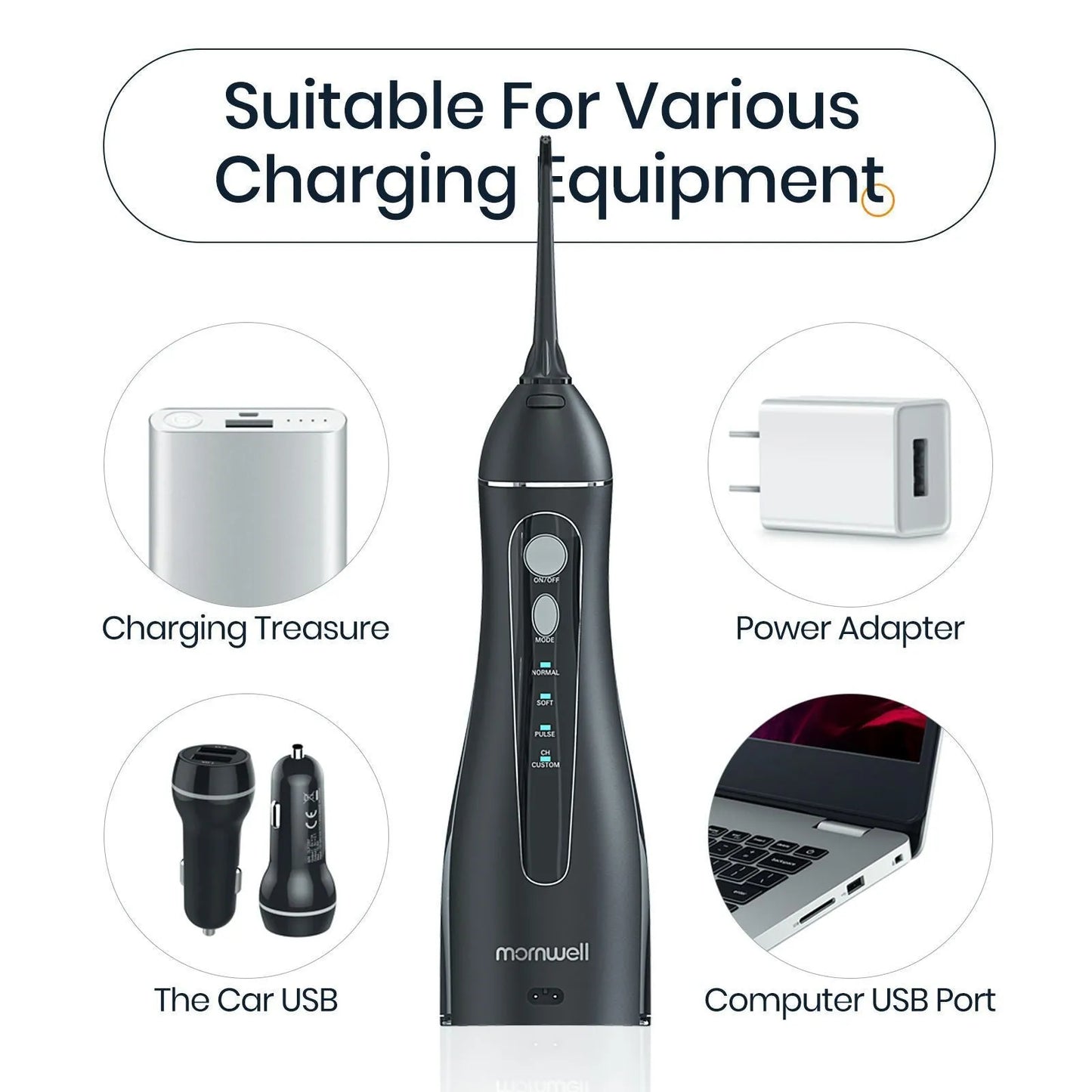 Black ProOral Mornwell portable oral irrigator water flosser with nozzle.
