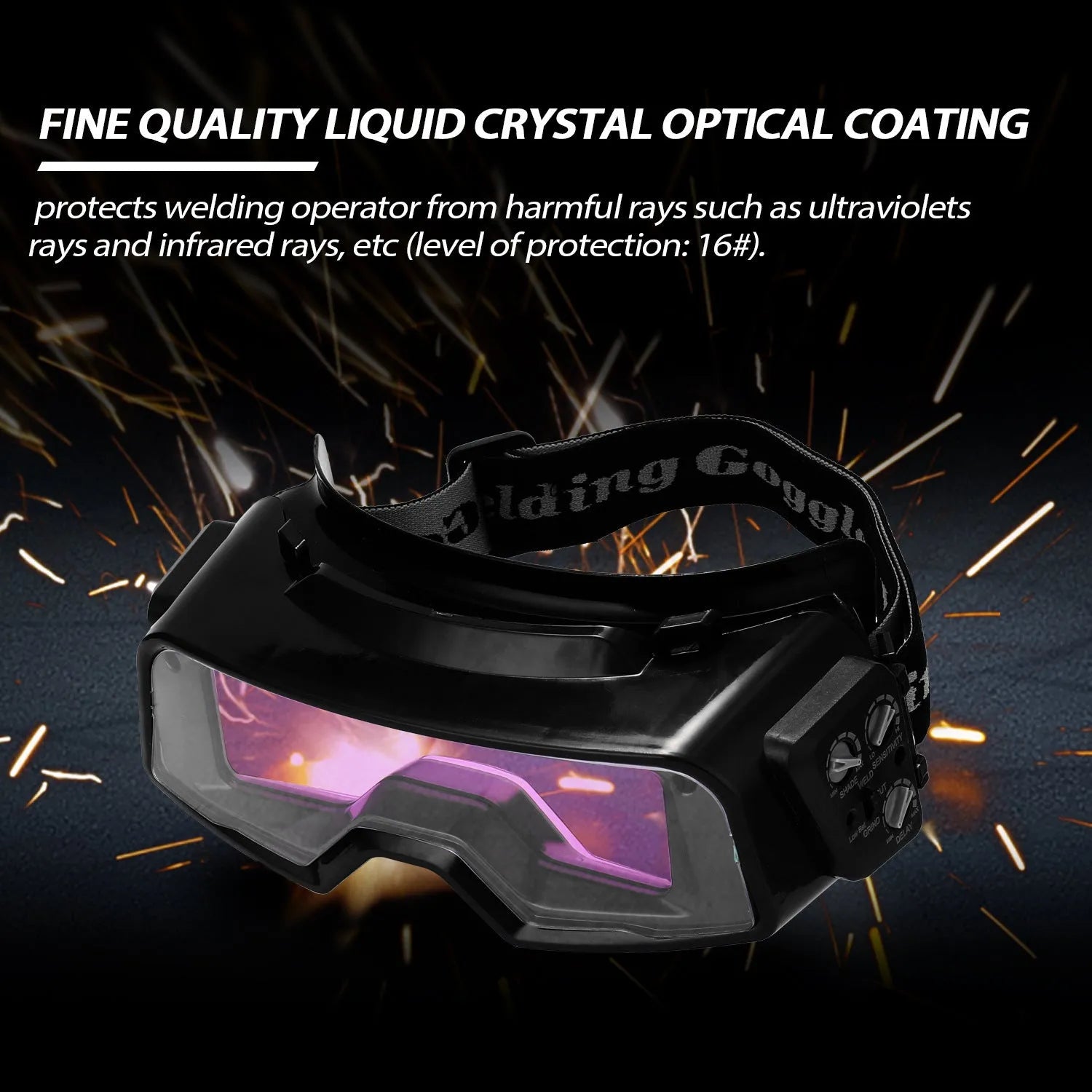 Black automatic welding mask with auto-darkening lens showing 122.5x35mm viewing area and dual sensors