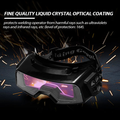 Black automatic welding mask with auto-darkening lens showing 122.5x35mm viewing area and dual sensors