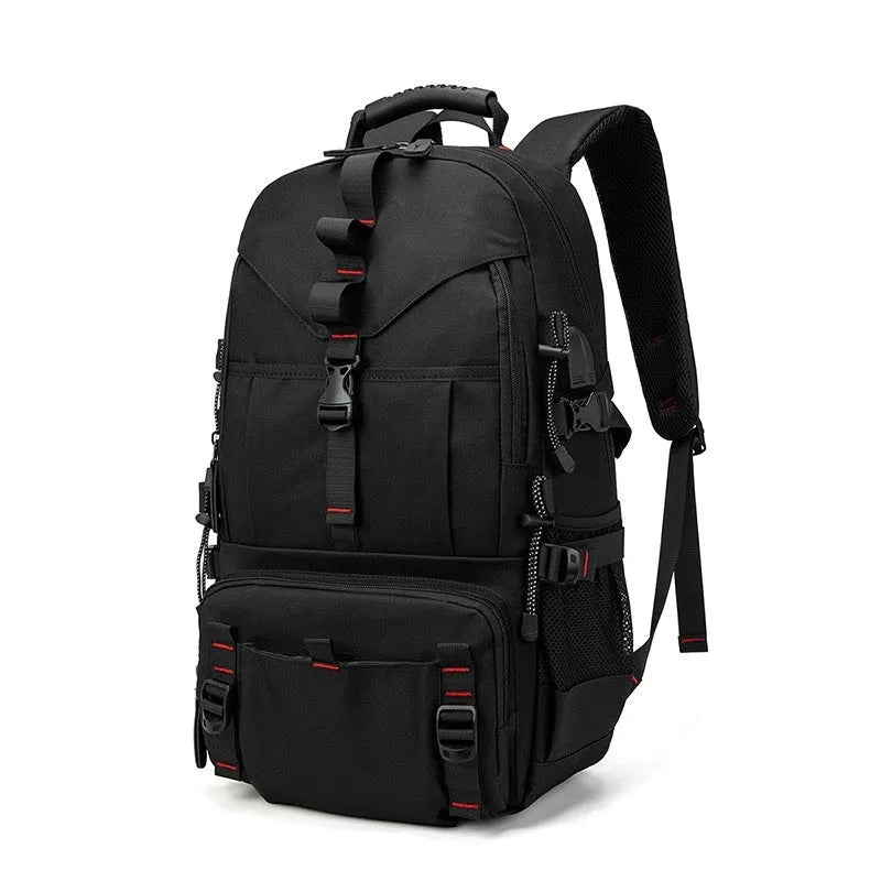 Men's black waterproof Oxford cloth hiking backpack with air pillow shoulder straps showing 56-75L capacity