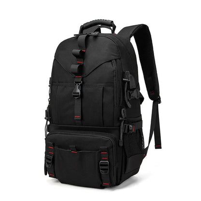 Men's black waterproof Oxford cloth hiking backpack with air pillow shoulder straps showing 56-75L capacity