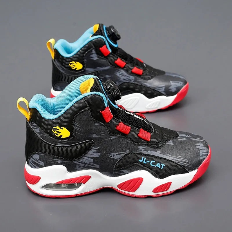 Children's rotating button running shoes in black with PU sole and synthetic leather upper, showing button closure mechanism