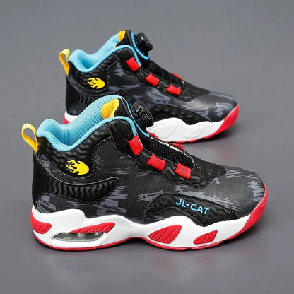 Children's rotating button running shoes in black with PU sole and synthetic leather upper, showing button closure mechanism