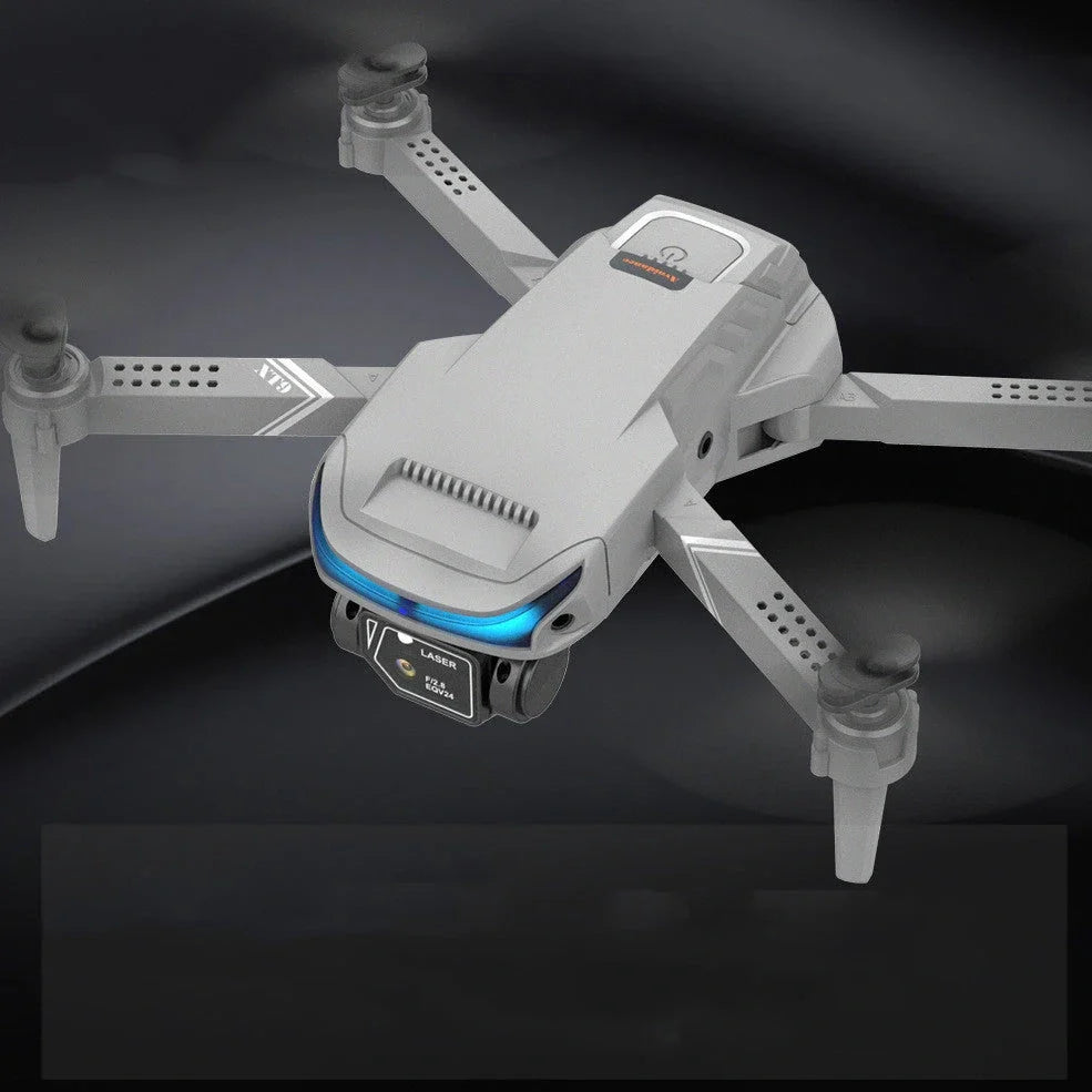 Black foldable drone with dual 4K cameras, unfolded to 18cm with protective covers installed