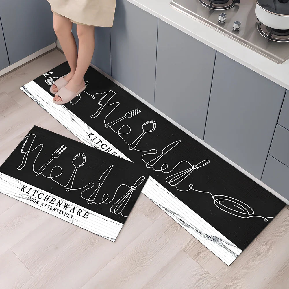 Rectangular polyester kitchen floor mat with machine-woven texture in modern design