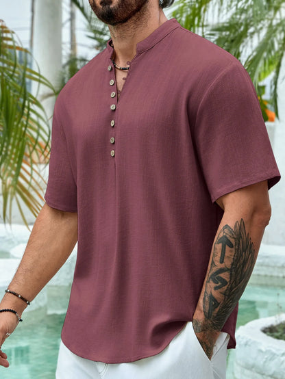 Men's deep V-neck short sleeve casual shirt in cotton linen blend fabric with multi-button front
