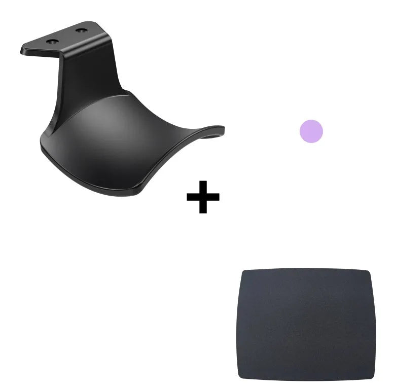 Black ABS plastic wall hanging rack with an X-shaped handle, shown with adhesive gel and screws for mounting.