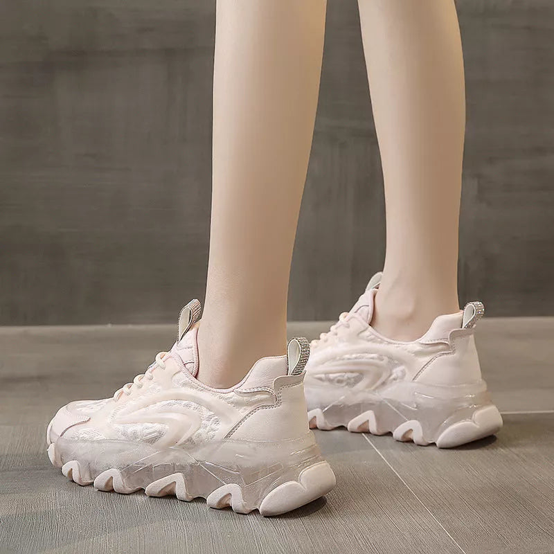 Daddy Shoes Thin Section Breathable White Net Casual Sports Shoes in white and pink