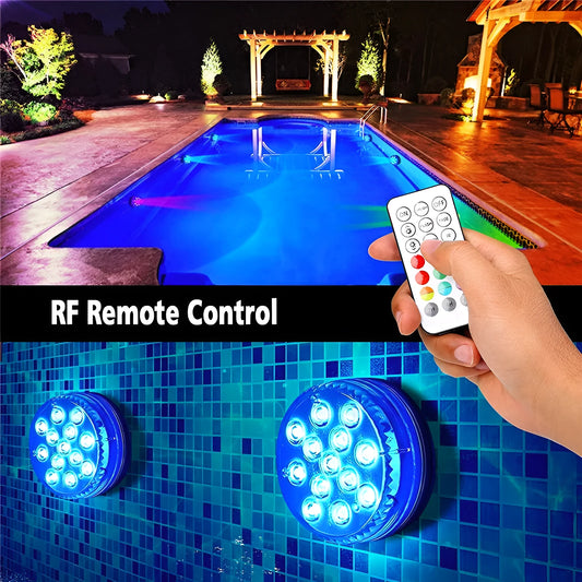 Remote control and small round colour-changing LED diving light with ABS case for underwater use.