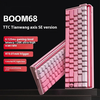 BOOM68 magnetic axis mechanical keyboard with 68-key compact layout and RGB backlighting on gaming desk