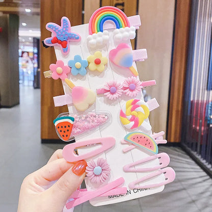 14-piece toddler hair accessories set showing colourful candy rainbow barrettes, fruit clips, and butterfly hair pins