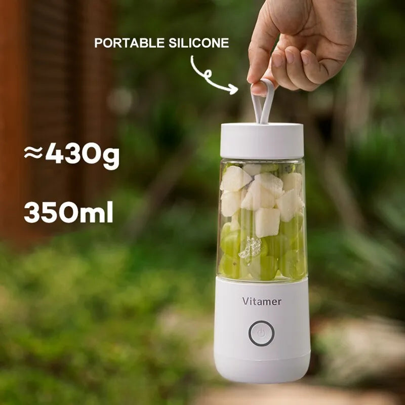 White portable USB rechargeable blender bottle with silicone carrying ring, 350ml capacity.