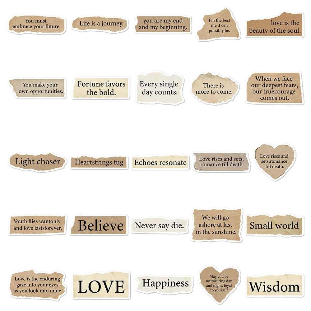 Torn English decorative stickers set showing 25 PVC adhesive stickers in 4-7cm sizes with matte finish
