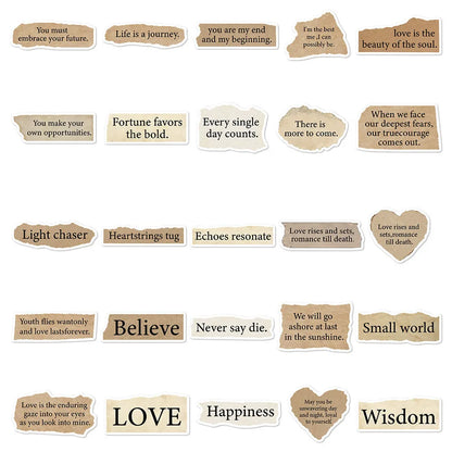 Torn English decorative stickers set showing 25 PVC adhesive stickers in 4-7cm sizes with matte finish