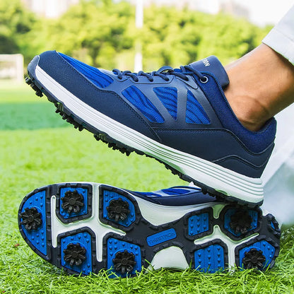 Men's waterproof golf shoes with nails for enhanced grip, available in black, blue, gray, and dark gray.