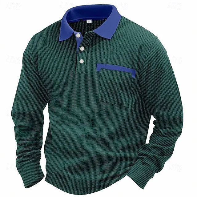Men's long-sleeved waffle texture polo shirt with asymmetric design in loose fit