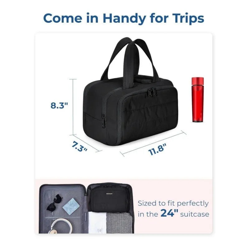 Travel toiletry bag with wide-open design showing 29.97cm length, available in six colours including black and pink