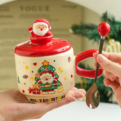 Christmas ceramic cup with lid, 8cm height, 9cm caliber, 301-400ml, round single-layer cartoon festive design