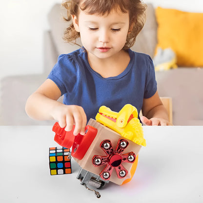 Wooden 7-in-1 busy board for toddlers, 15x11x13.5cm, with locks, spinning tops, and cube puzzle