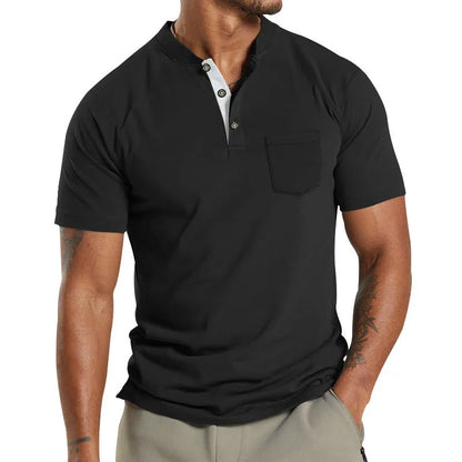 A man wearing a plus size solid colour short sleeve polyester shirt with a button chest pocket.