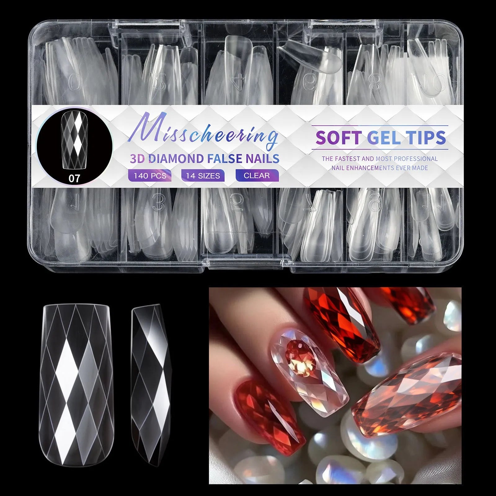 Box of 3D diamond-shaped long false nail tips in a chosen colour from the Diamond Nail range.