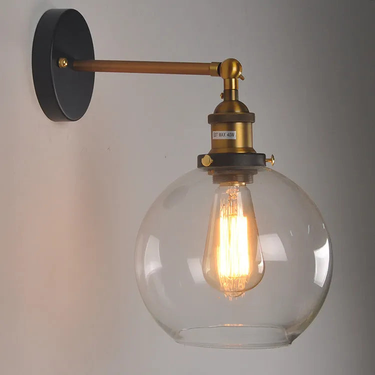 20cm round ball glass wall lamp with aluminium holder in amber, smoke grey, or transparent options