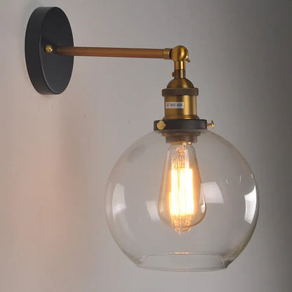 20cm round ball glass wall lamp with aluminium holder in amber, smoke grey, or transparent options