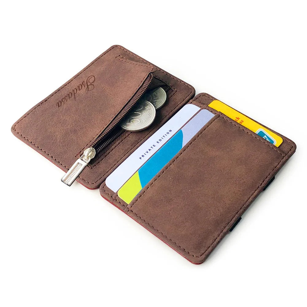 Matte leather magic wallet in horizontal square shape with sewing line detail and coin pocket