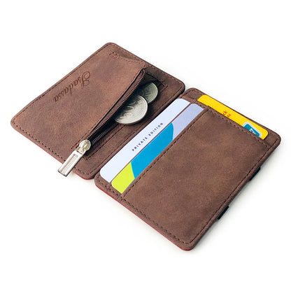 Matte leather magic wallet in horizontal square shape with sewing line detail and coin pocket