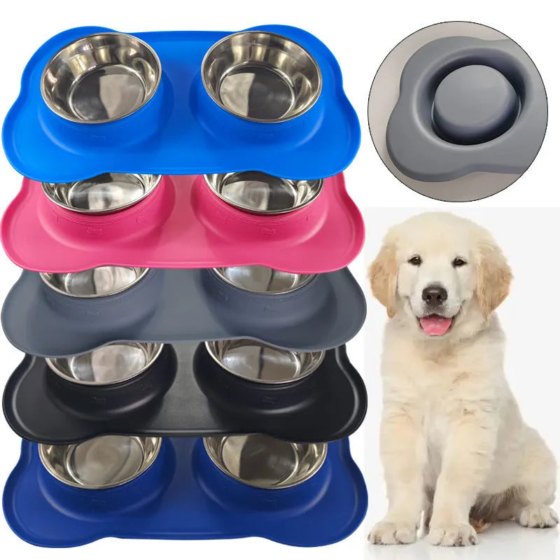 Large silver grey silicone dual compartment dog bowl with stainless steel base for separating food types