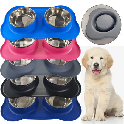 Large silver grey silicone dual compartment dog bowl with stainless steel base for separating food types